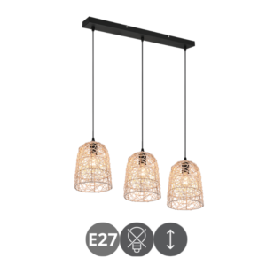 Lámpara colgante LOVIS 3 luces E27 ratán natural