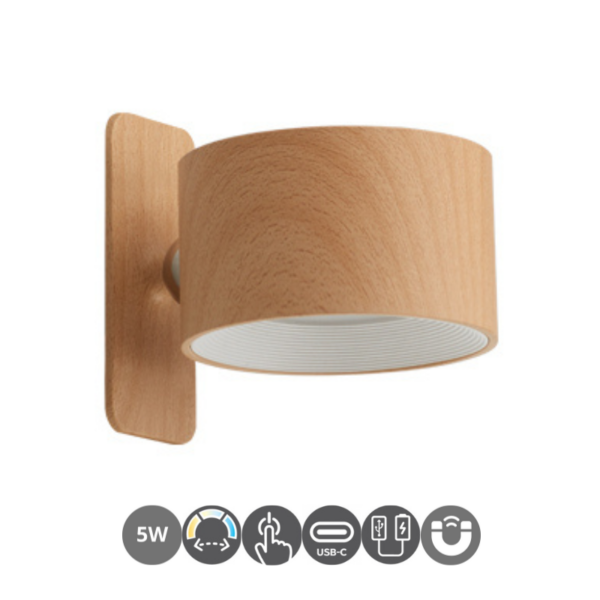 Aplique led batería USB-C CAMERON base imantable color madera natural