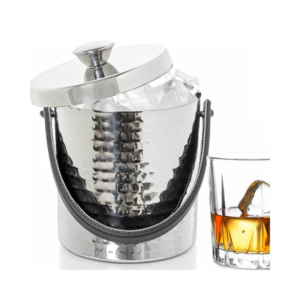 Cubitera inox martillado con tapa y asa cuero negro