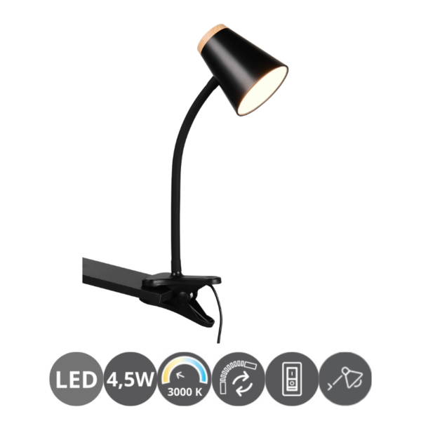 Sobremesa pinza led PONGO negro madera