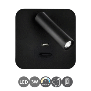 Aplique lector GIOTTO 3 watts USB con interruptor negro