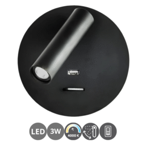 Aplique lector GIOTTO 3 watts USB con interruptor negro